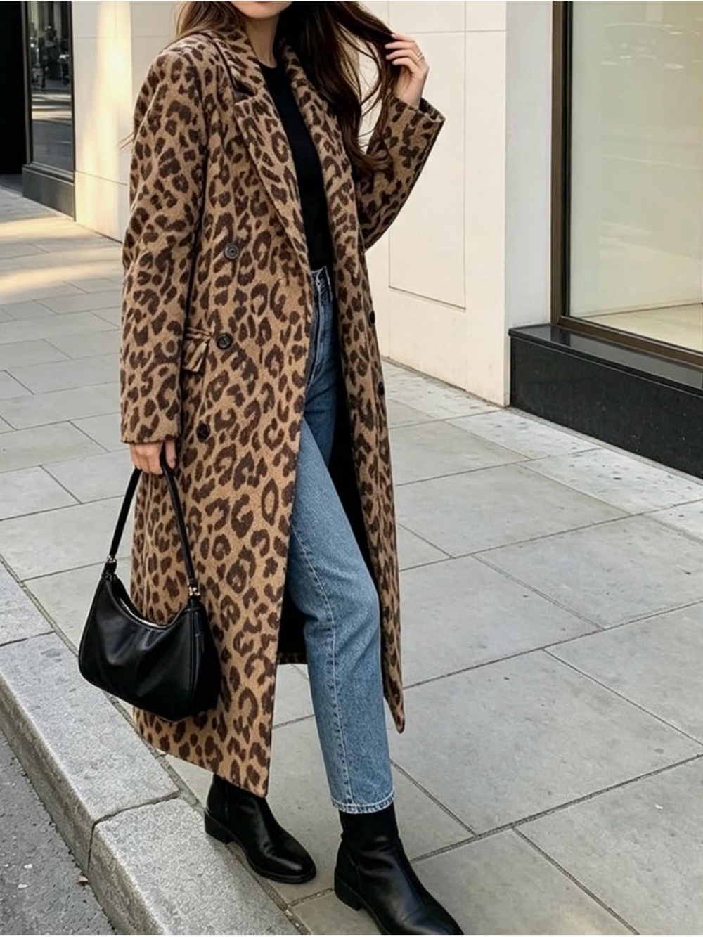 Leopard Print Long Wool-Blend Coat XL